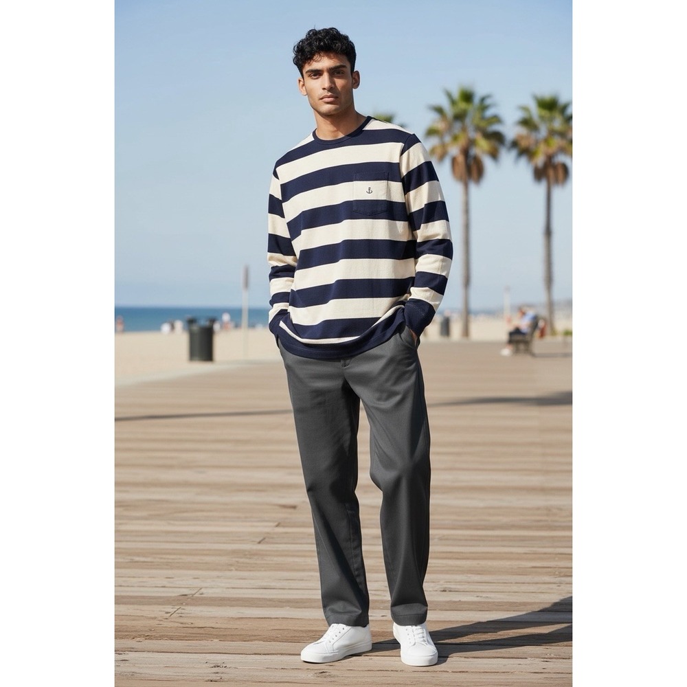 IZOD Men's M Windowpane Cotton Sweater in Midnight/Cream Rugby‎ Stripe NWT